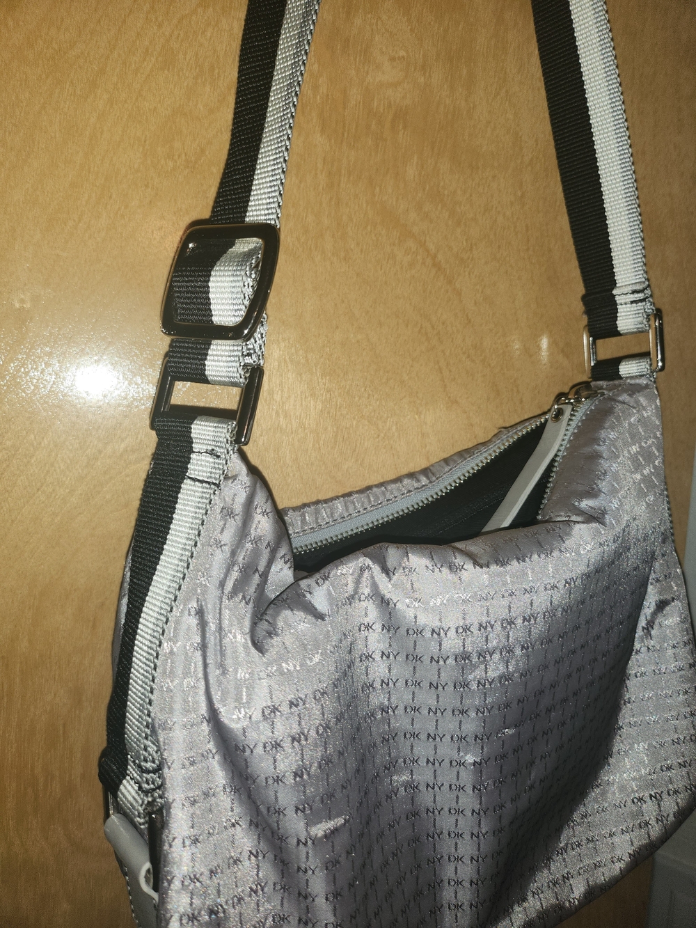 DKNYC Silver Monogram Shoulder Bag with Black & White Strap